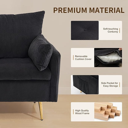 Furnimart 3-Seater Storage Sofa and Couch, Corduroy Loveseat with Accent Single Chair, Small Living Room Furniture Set for Apartment, Tiny Homes and Lofts, 2PC-Black