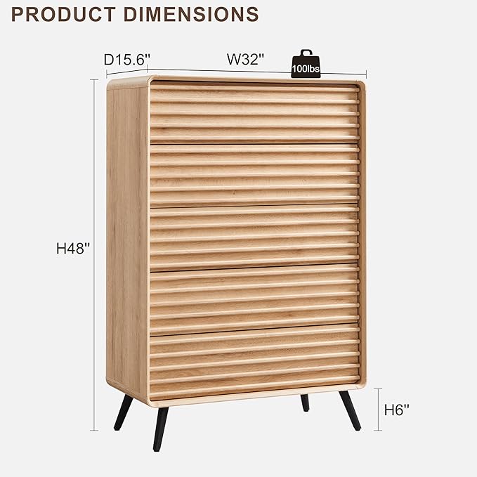RedLemon 5 Drawers Dresser for Bedroom, 48'' Tall Mid Century Modern Wood Fluted Dresser, Chest of Drawers with Tapered Leg for Bedroom, Living Room, Hallway, Closet,Natural Oak