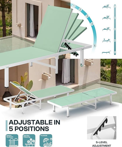 Pool Lounge Chairs, Chaise Lounge Outdoor with Wheels and 5-Position Recliner -Easy to Move- Aluminum Patio Lounge Chair for Poolside, Deck (LightGreen)