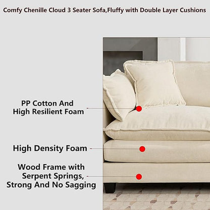 Aoowow Modular Sectional 3 Seater Cloud Sofa Couch for Living Room,113.8" Cloud Sofas with Deep Seat,Modern Chenille 3 Seat Sofas,Fluffy Cloud Couches for Bedroom,Apartment,Office (Beige, 3 Seater)