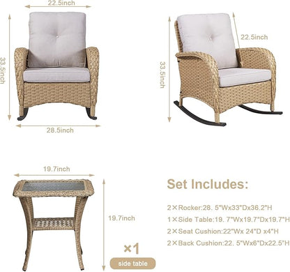 HUMMUH Patio Wicker Rocking Chairs Set of 2 Rattan Outdoor Rocking Chairs for Front Porch Garden Backyard Lawn Balcony Weather Rocker Chair with Side Table