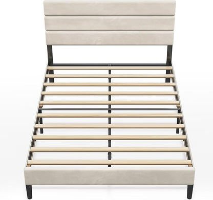WLIVE Full Size Upholstered Bed Frame, Velvet Square Tufted Headboard,Sturdy Metal & Wooden Slats Support, No Box Spring Needed, Light Grey