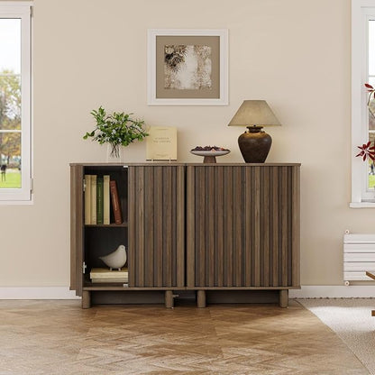LukeAlon Fluted Sideboard Cabinet with Storage, Mid-Century Modern Accent Buffet Cabinet, 31.5" Height Wooden Small Credenza Cabinets for Living Room Dining Room Entryway Hallway, Walnut Color