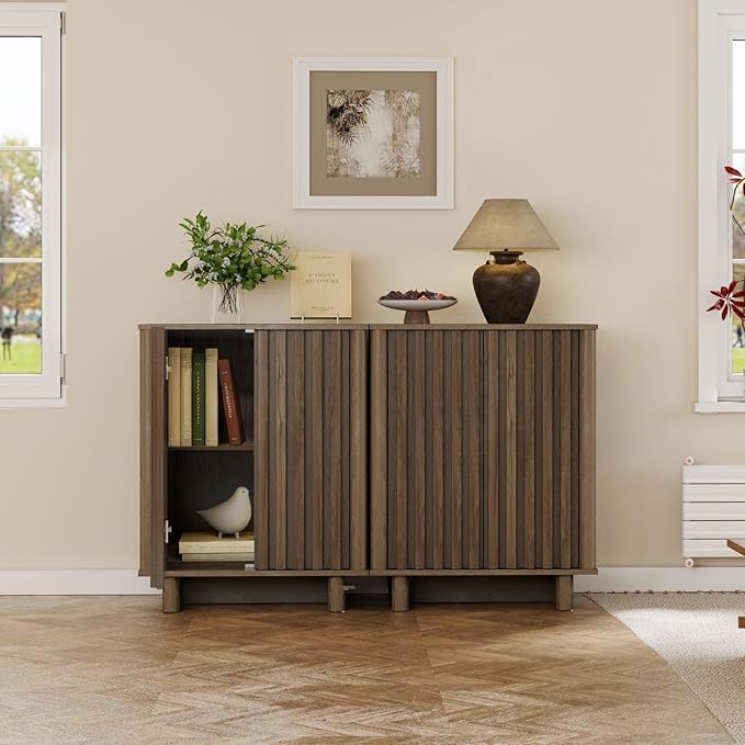 LukeAlon Fluted Sideboard Cabinet, Mid-Century Modern Accent Buffet Cabinet with Storage, 47" Wooden Credenza Cabinets 31.5" Height for Living Room Dining Room Entryway Hallway, Walnut Color