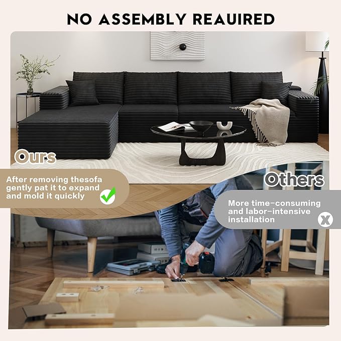 135.4" Cloud Sectional Couch with L-Shape Chaise,Modern Modular Sofa with Deep Seat, Upholstered Couches for Living Room Bedroom Apartments,No Assembly Required, (Black,Left Facing Chaise)