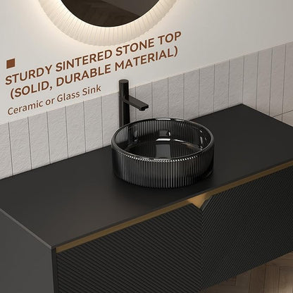48 Inch Bathroom Vanity with Sink, Floating Fluted Vanity with Vessel Sink, Modern Wall Mounted Bathroom Vanity Cabinet with 2 Doors, Glass Vessel Sink & Sintered Stone Top, Black