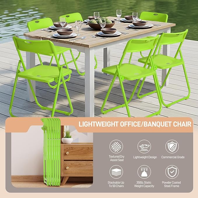 Karl home 6 Pcs Folding Chair, 300LBS Lightweight Foldable Plastic Chair, Reinforced Metal Frame Easy to Fold & Store for Indoor & Outdoor, Wedding, Party, Meeting Room, Patio and Garden, Green