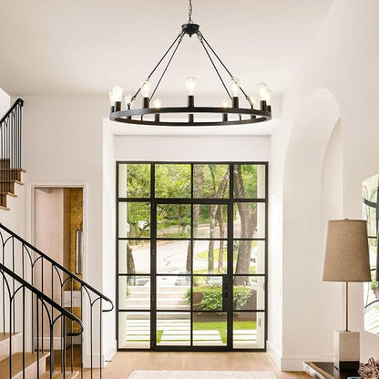 40” Farmhouse Wagon Wheel Chandelier,Black Rustic Chandelier 12-Lights Round Dining Room Light with Adjustable Height,Industrial Ceiling Light Fixtures for Kitchen,Foyer,Porch,Living Room