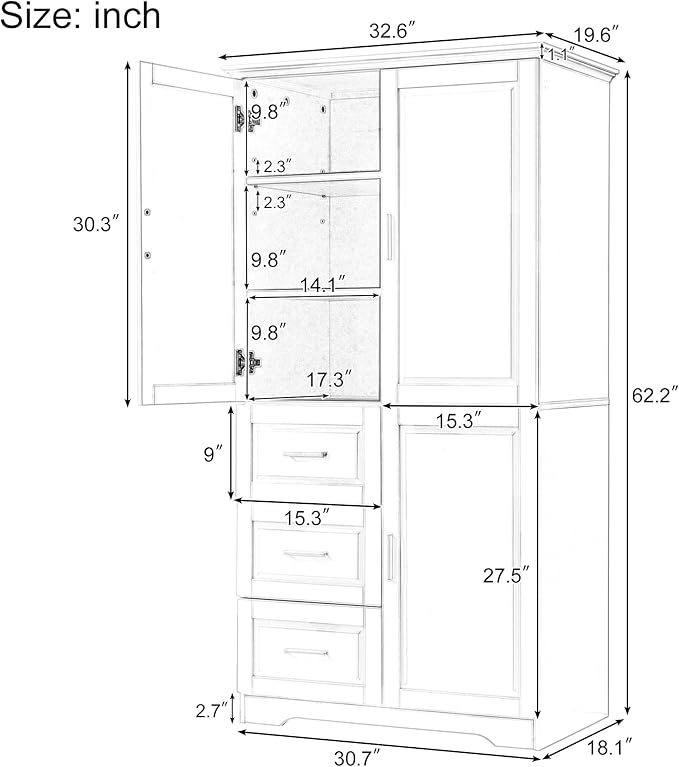 Merax 62.2" Wide Storage Cabinet Pantry Cupboard with Doors and Drawers for Home Kitchen, Bathroom and Living Room, Adjustable Shelf, Black