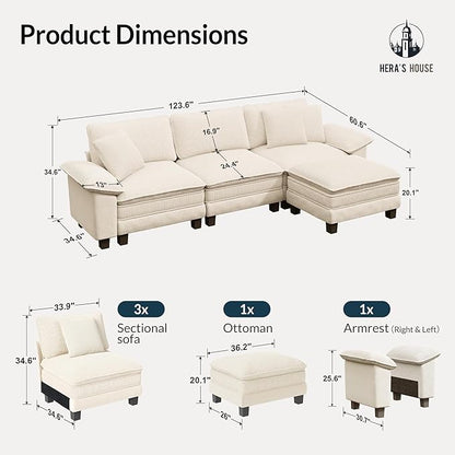 HERA'S HOUSE Oversized Modular Sectional Sofa, 124" L Shaped Cloud Couch with Ottoman and Throw Pillow, Mixed Fabric Sleek Couches for Living Room, Beige