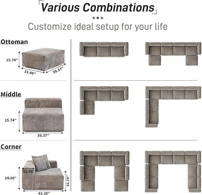 Oversized Modular Sectional Sofa with Ottomans,5 Seater Corduroy V Shaped Reversible Corner Couch,141.73" Convertible Sofa & Couch Free Combination for Living Rooom,Brown