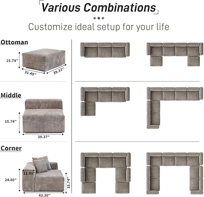 Oversized Modular Sectional Sofa with Ottomans,6 Seater Corduroy V Shaped Reversible Corner Couch,141.73" Convertible Sofa & Couch Free Combination for Living Rooom,Brown
