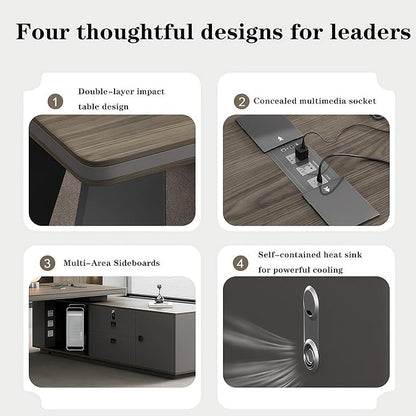 L Shaped Executive Desk, 94.5 inch Large Executive Computer Desk Set Drawers and Lockable, Power Socket and USB Port Storage, Without Display Racks and Bookshelves