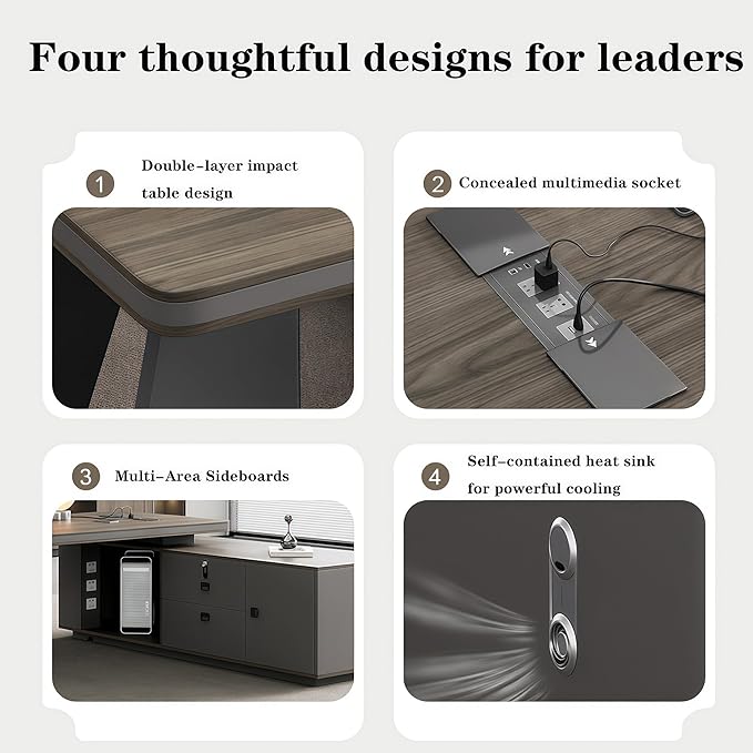 L Shaped Executive Desk, 118.1 inch Large Executive Computer Desk Set Drawers and Lockable, Power Socket and USB Port Storage, Without Display Racks and Bookshelves