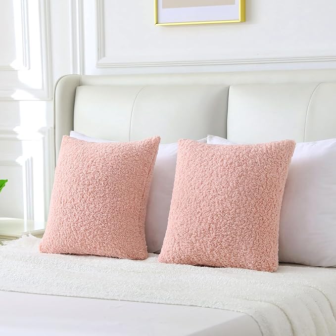 FUTEI Pink Throw Pillow Covers 20x20 Inch Set of 2,Furry Faux Fur Teddy Boucle Textured Cushion Covers,Soft Fluffy Decorative Pillow Case,Home Decor for Couch Bed Living Room Office Car