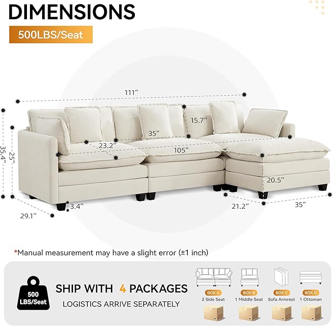 111'' Sectional Cloud Deep Seat Couch, Modern Comfy Chenille L Shaped Sectional Sofa for Living Room Set, Upholstered Modular 4-Seats Sofa Couch with Movable Ottoman, Beige