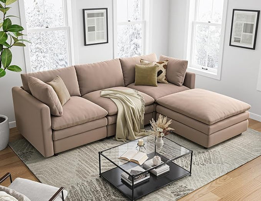 Txtin's Cloud Couches for Living Room L Shaped Sectional Couch with Ottoman Deep Plush 4 Seats Sofa Modern Sofa for Apartment Brown