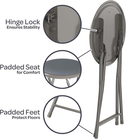 Folding Bar Stools - Set of 4 Heavy-Duty 18-Inch Stool with 225lb Capacity and Padded Seats for Dorm, Recreation or Game Room by Lavish Home (Gray)