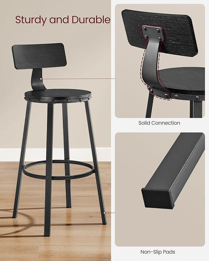 VASAGLE Bar Stools Set of 2, Bar Height Stools, 28.9 Inches Counter Barstools Chairs with Back for Dining Kitchen Island, Steel Frame, Industrial Style, Easy Assembly, Ebony Black