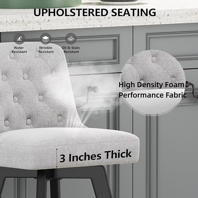 MINCETA Bar Stool, 30 Inch Upholstered Barstool with Low Tufted Back and Footrest, Swivel Counter Height Barstool for Kitchen Island Home Bar Performance Fabric Greige