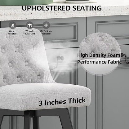 MINCETA Bar Stool, 30 Inch Upholstered Barstool with Low Tufted Back and Footrest, Swivel Counter Height Barstool for Kitchen Island Home Bar Performance Fabric Greige
