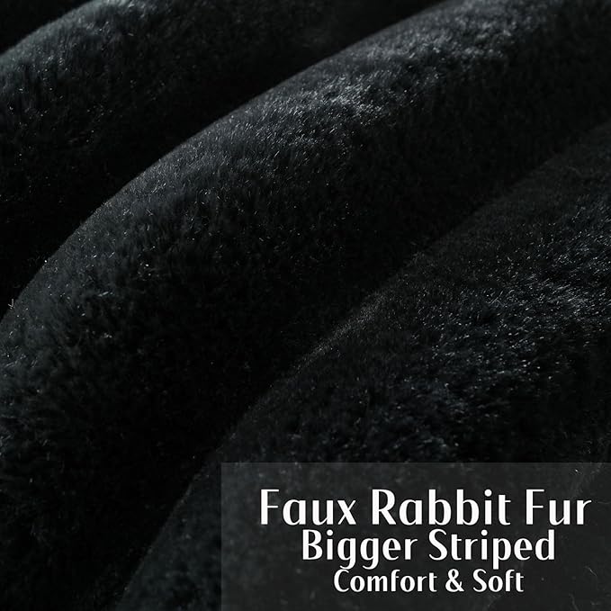 FUTEI Black Decorative Throw Pillow Covers 26x26 Inch Set of 2, Square Soft Faux Rabbit Fur Thick Striped Euro Pillow Shams,Winter Home Decor for Couch Bed Living Room