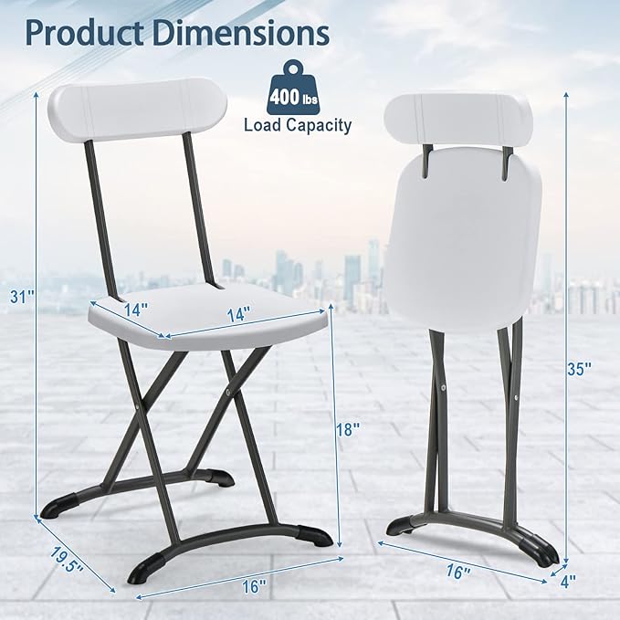 GYMAX Folding Chair, 400lbs Plastic Chairs Set with Steel Frame & Ergonomic Curved Back, Indoor & Outdoor Commercial Event Seat for Meeting, Wedding, Stackable Lightweight Folding Chairs (6, White)