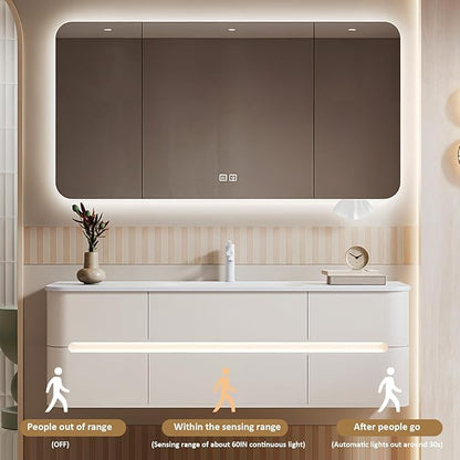 44IN Bathroom Vanity - Bathroom Vanity with Sink with Intelligent Induction Light | Wall-Mounted Bathroom Vanity with Intelligent LED Mirror Cabinet & 6 Drawers, Cream Color