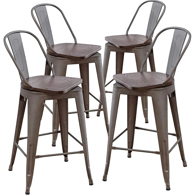 Aklaus Swivel Metal Bar Stools with Backs Counter Stools Set of 4 Counter Height Stools High Back Bar Chairs 26 Inch Barstools Farmhouse Rusty
