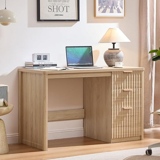 48" Modern Fluted Executive Desk with Storage Cabinet, Natural Wood Home Office Desk with File Drawer & Metal Handles, Large Computer Writing Table for Office,Study, Living Room, Bedroom