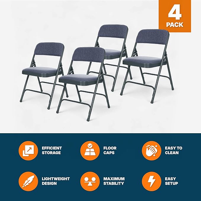 OEF Furnishings OEF2200 Series Heavy-Duty Premium Fabric Padded Upholstery Double-Hinged Folding Chairs (4-Pack, Midnight Blue)