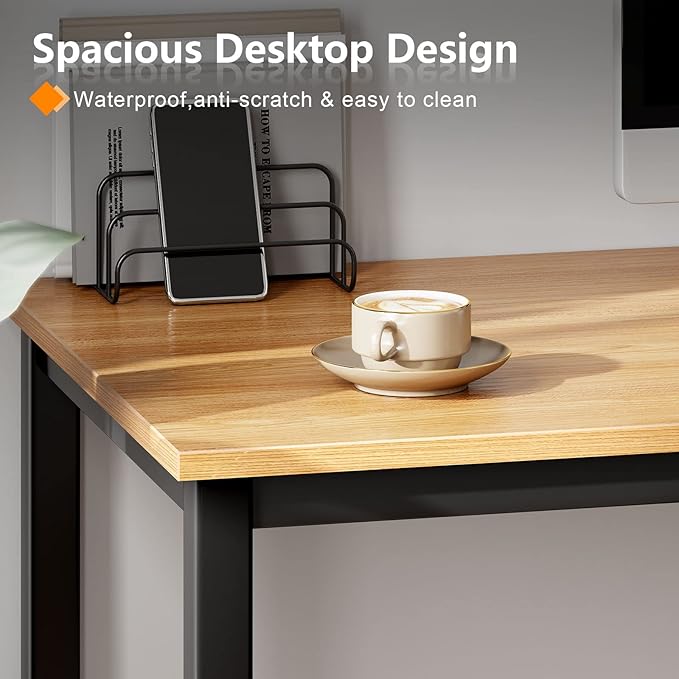Need Small Desk, 39.4 inches Sturdy Writing Desk for Small Spaces, Teens Computer Desks Study Table Laptop Home Ofice, Black Metal Frame, Teak