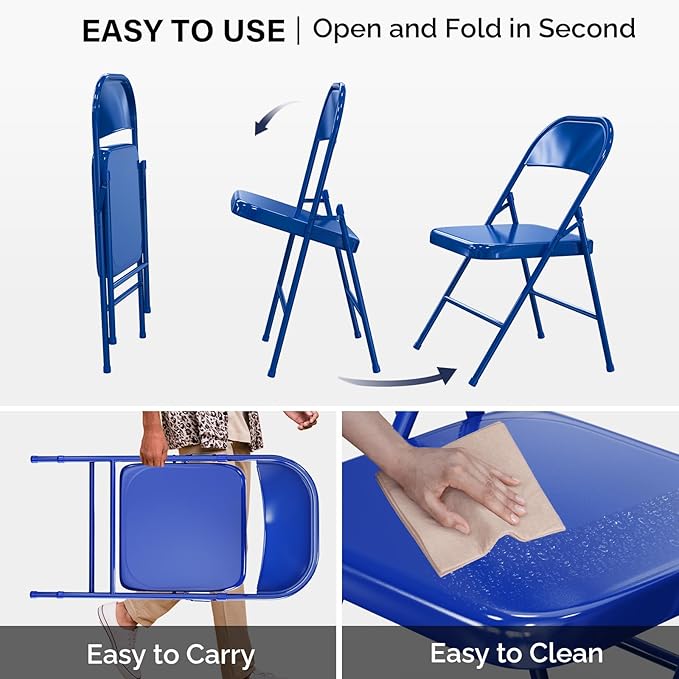 VINGLI Folding Chairs All Steel Metal Frame, Capacity 350 lbs, Durable Portable and Versatile for Indoor Outdoor Use, Navy Blue, Set of 8