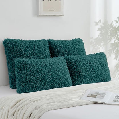 FUTEI Teal Decorative Throw Pillow Covers 16x16 Inch Set of 2,Soft Fluffy Faux Wool Fur Boucle Textured Cushion Case,Modern Home Decor for Couch Bed Living Room Office