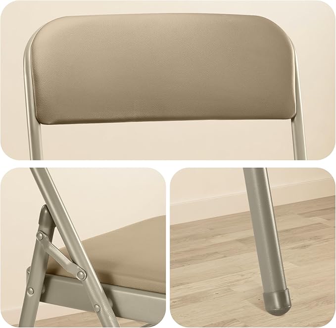 cyclone sound 4 Pack Folding Chairs with PU Padded Cushion and Back, Commercial Grade Metal Chairs with Comfortable PU Leather Cushion for Home and Office, for Indoor and Outdoor Events (4, Beige-PU)