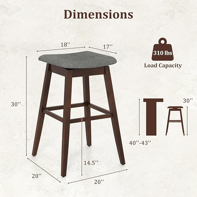 COSTWAY Swivel Bar Stools Set of 4, 30-inch Height Backless Upholstered Chairs with Padded Contoured Seat, Rubber Wood Legs, Footrest, Linen Fabric Barstools for Kitchen Counter Island, Grey+Brown