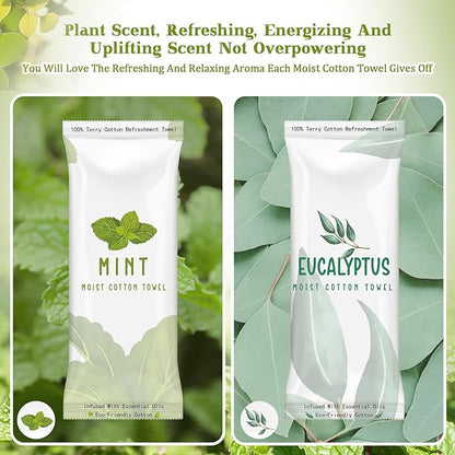 50 Pcs Moist Towelettes Individually Wrapped Scented Disposable Face Towels Essential Oil Infused Moist Terry Cotton Towel for Use Hot or Cold Travel Body Spa (Mint, Eucalyptus Leaves)