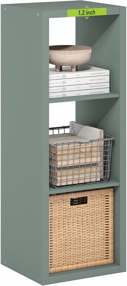 Furinno Cubicle Book Shelf, 3-Cube Thick Frame Bookshelf, Horizontally & Vertically Reversible Bookcase with Open Back, 14.6" x 15.9" x 44", for Living Room, Bedroom, Home Office, Sage Green