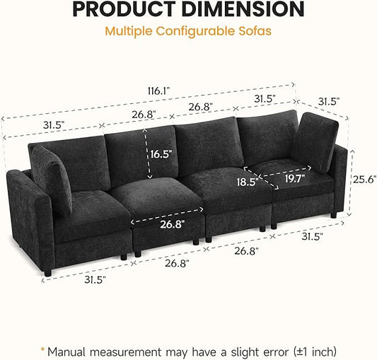 4-Seater Modular Sectional Cloud Sofa, Straight-Line Couches for Living Room, Modern Upholstered Deep Seat Sofa, Chenille Dark Grey