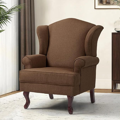 Accent Chair, High Back Upholstered Armchair with High Resilience Sponge & Wood Legs, Mid-Century Modern Comfy Single Sofa Reading Chairs for Living Room, Bedroom (Brown, Set of 1)