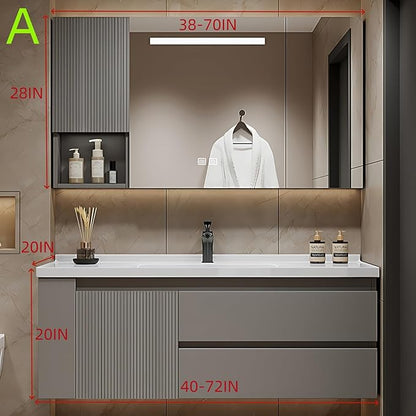 52IN Suspended Bathroom Cabinet Combo Set - Fully Functional LED Mirror with Smart Defogging & Time Display | Bathroom Vanity with Sink,Side Cabinet Storage Compartment (Style A)