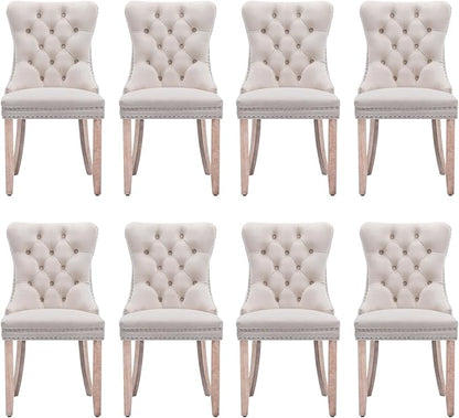 Velvet Upholstered Dining Chairs Set of 8, Modern Style Kitchen Side Chairs with Nailhead Trim and Wood Legs,Metal Pulling Ring for Dining Room Living Room(Beige)