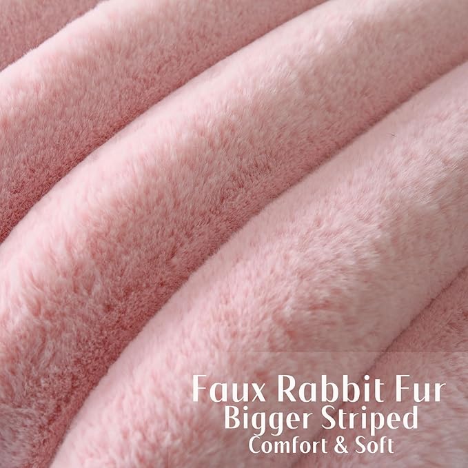 FUTEI Pink Decorative Throw Pillow Covers 26x26 Inch Set of 2, Square Soft Faux Rabbit Fur Thick Striped Euro Pillow Shams,Winter Home Decor for Couch Bed Living Room