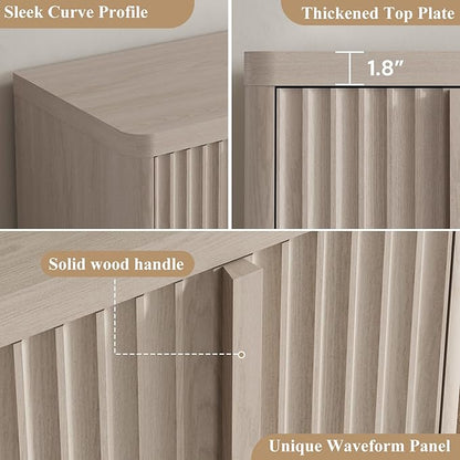 Fluted Buffet Cabinet with Storage, 60"Sideboard Buffet Cabinet with 4 Door-Modern Credenza Storage Cabinets with Adjustable Shelves, Solid Wood Handles for Kitchen Living Room, White Alder(1PC)