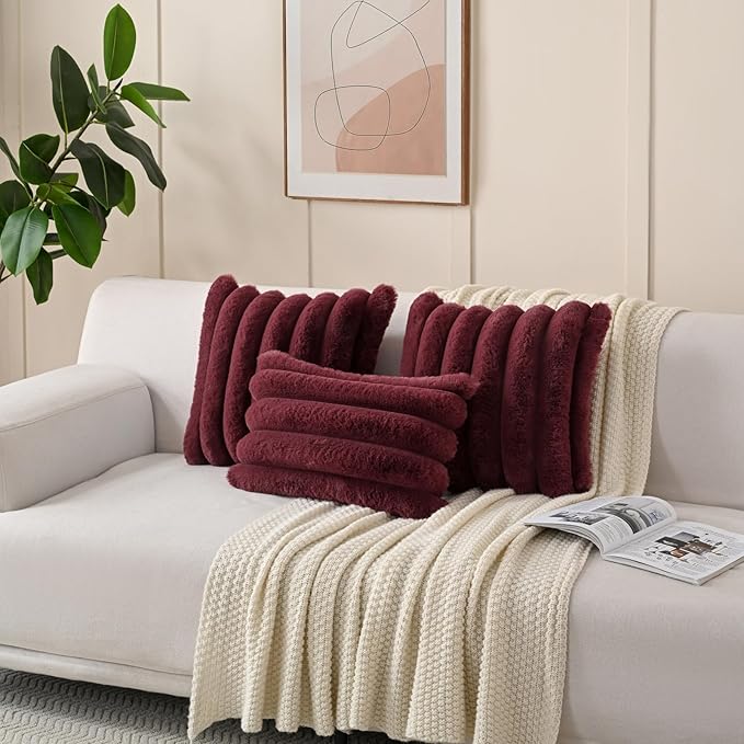FUTEI Christmas Burgundy Decorative Throw Pillow Covers 16x16 Inch Set of 2, Square Soft Faux Rabbit Fur Thick Striped Cushion Cover,Winter Home Decor for Couch Bed Living Room