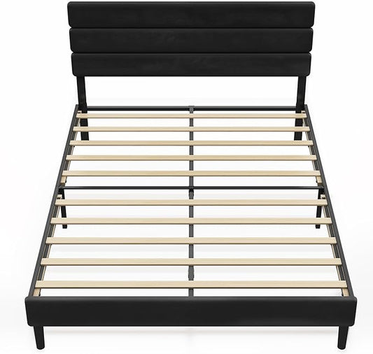 WLIVE Queen Size Upholstered Bed Frame, Velvet Square Tufted Headboard,Sturdy Metal & Wooden Slats Support, No Box Spring Needed, Black