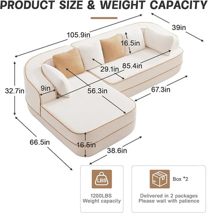 Cloud Sectional Sofa Modern Boneless Couch for Living Room, Comfy Deep Seat Comfy Teddy Fabric Double Sofa Chaise No Assembly Required (White, 106" L Shape with Left Facing)
