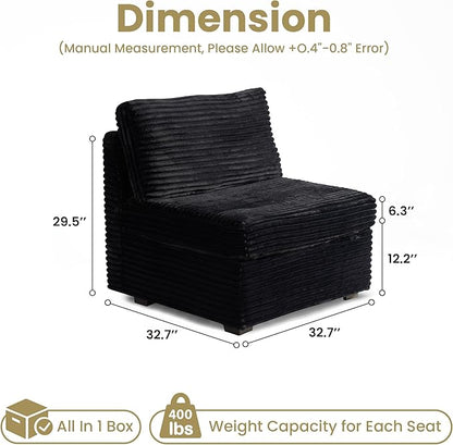 32.7'' Middle Seat for Modular Sectional Sofa, Deep Seat Upholstered Armless Chair Sleeper Sofas, L/U/V Shaped Plush Corduroy Cloud Couch for Living Room Apartment, Black