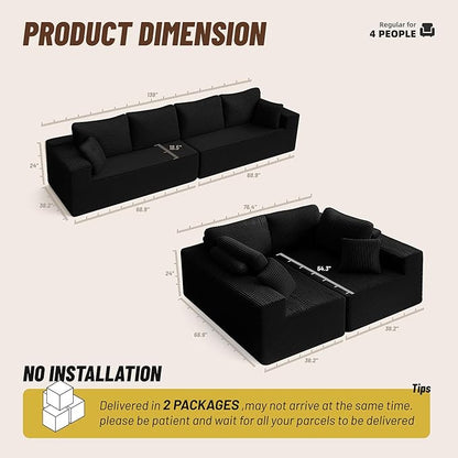 138" Modular Sofa Memory Foam Sectional Couches for Living Room, Sleeper Sofa Bed, Corduroy, Black