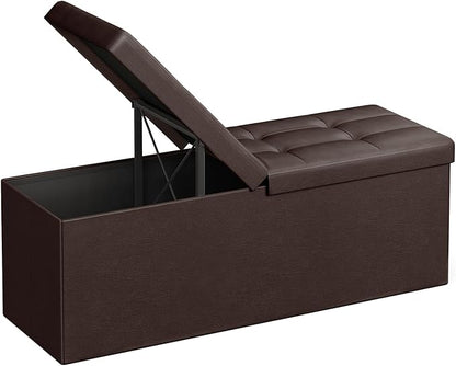 SONGMICS MAZIE Collection - 43 Inches Storage Ottoman Bench with Flipping Lid, Storage Chest with Iron Frame Support, Load 660 lb, for Living Room, Bedroom, Synthetic Leather, Brown ULSF75BR